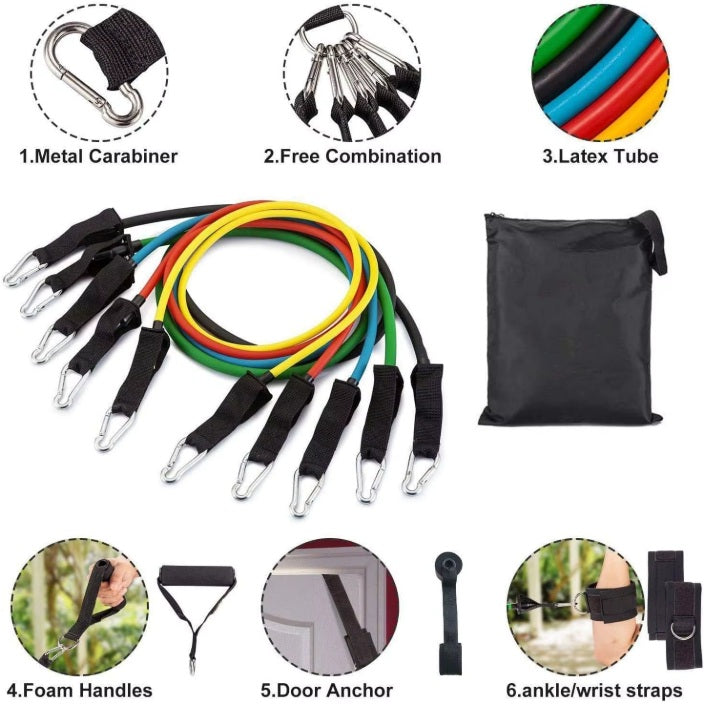 Details of resistance band set with metal carabiner, free combination, latex tube, foam handles, door anchor, and ankle/wrist straps on a white background.