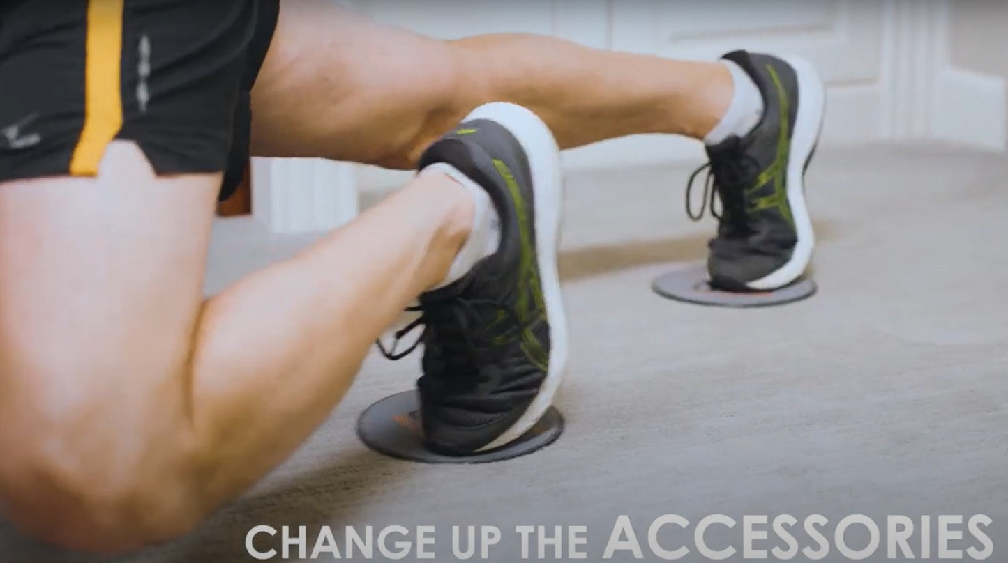 Feet on DynaCore® Fitness floor sliders to demonstrate how they work on a carpeted floor