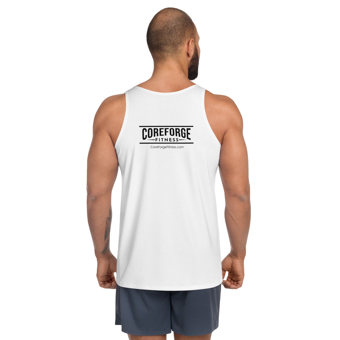 White Tank top with stretched DynaCore(R) logo for abs image effect - Back View wth CoreForge logo