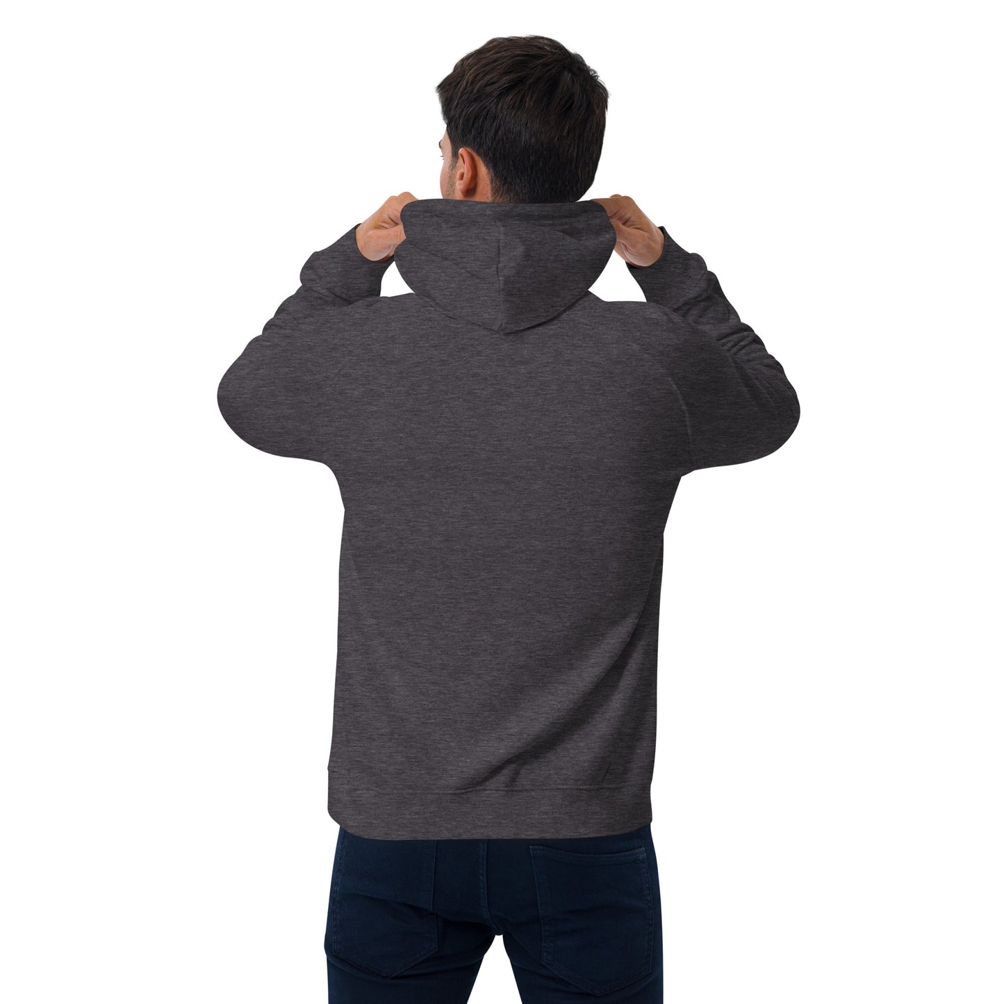 Man wearing dark gray unisex hooded sweatshirt with DynaCore(R) logo - Back