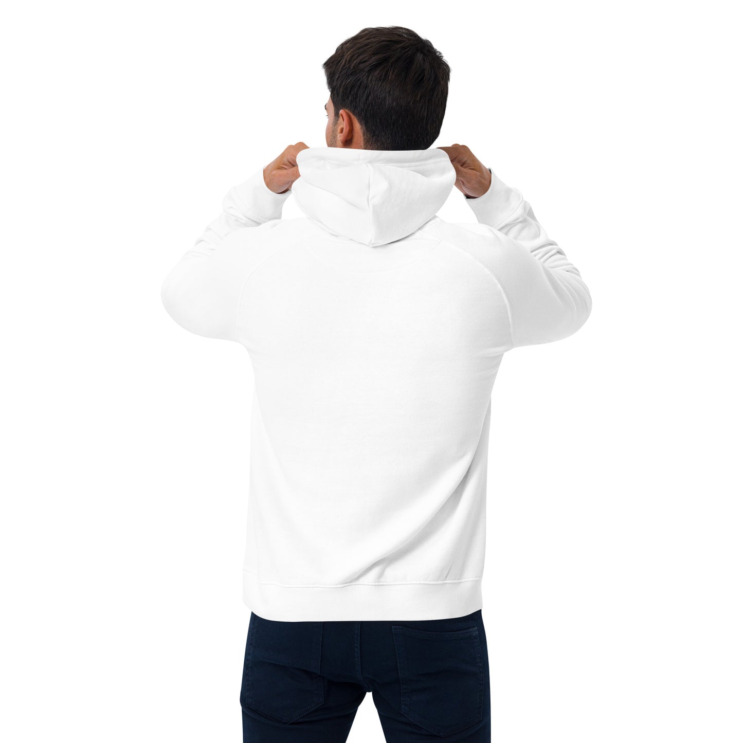 Man wearing white unisex hooded sweatshirt with DynaCore(R) logo - Back