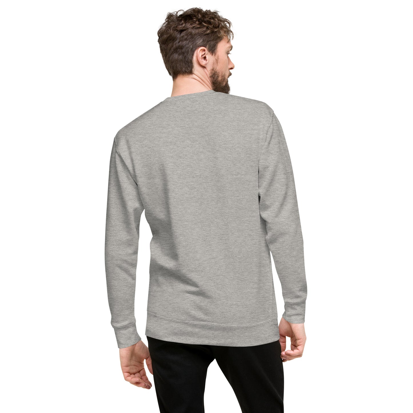 Man wearing light gray unisex crew neck sweatshirt with embroidered DynaCore(R) logo - Back