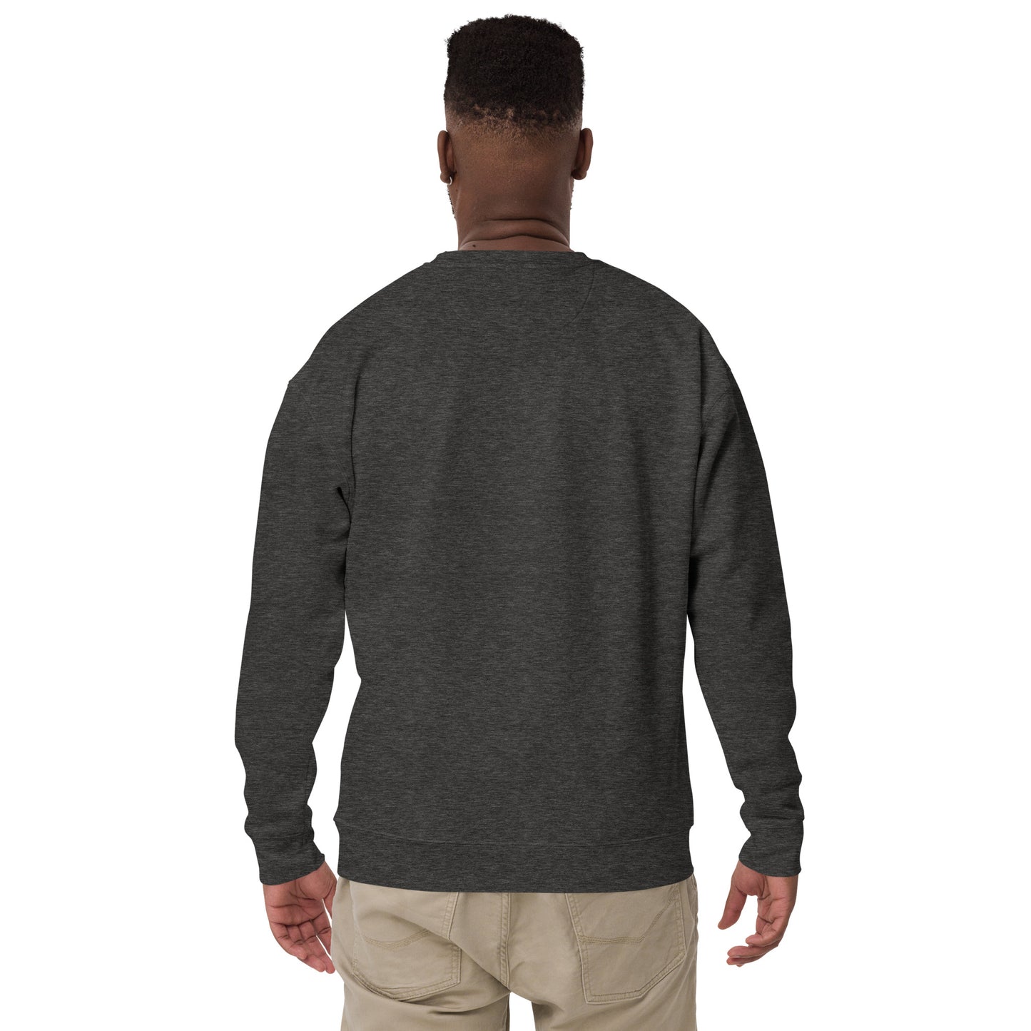 Man wearing dark gray unisex crew neck sweatshirt with embroidered DynaCore(R) logo - Back