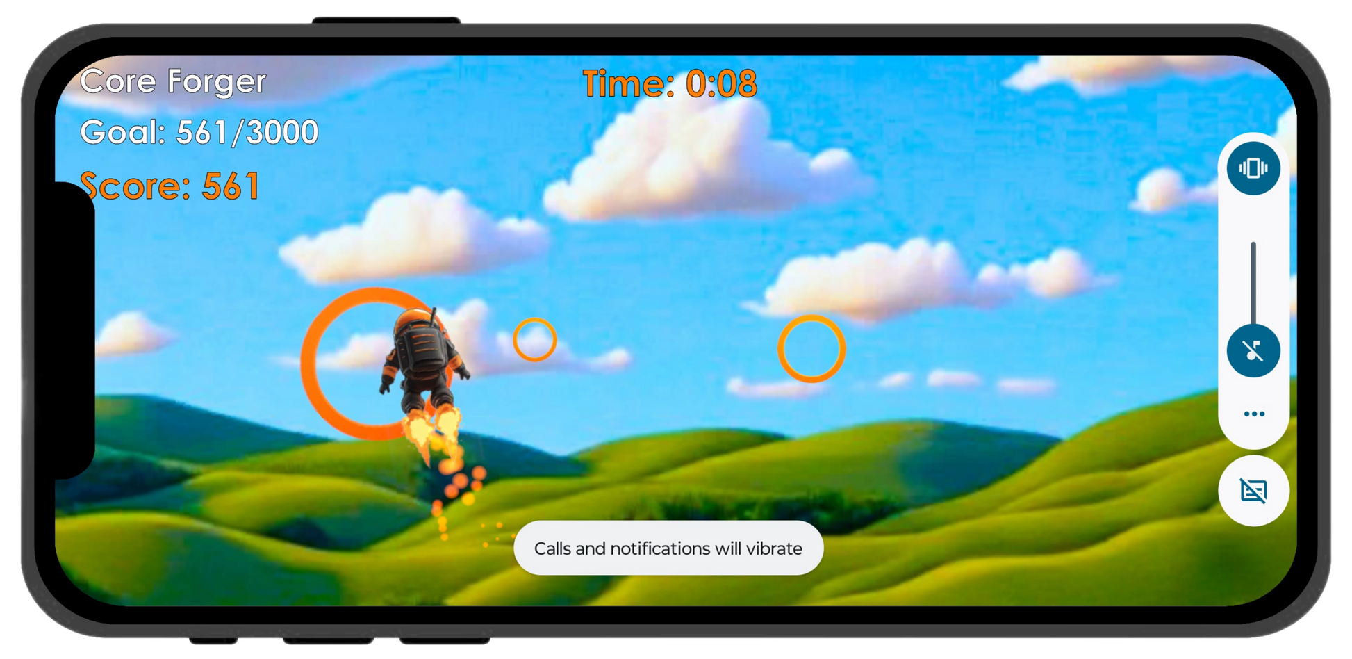 Phone screen displaying a scene from the DynaCore® Fitness app game with a jetpack character toward a ring over green hills and blue sky.