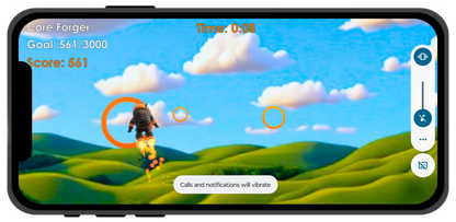 Phone screen displaying a scene from the DynaCore® Fitness app game with a jetpack character toward a ring over green hills and blue sky.