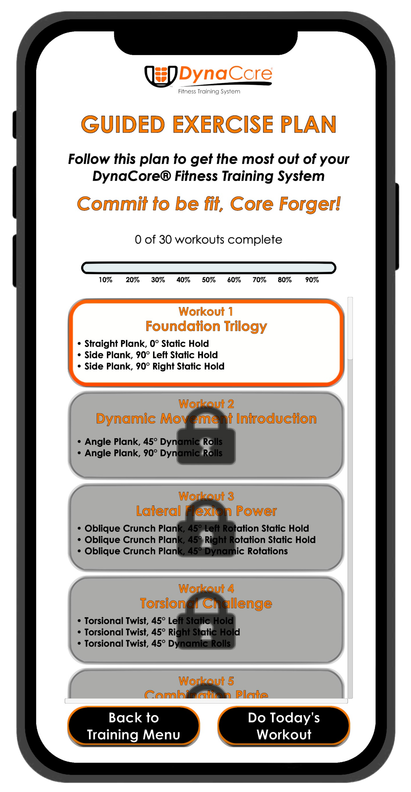 Phone screen displaying a guided exercise plan for the DynaCore® Fitness Training System
