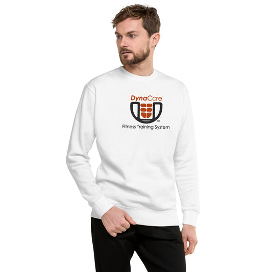 Man wearing white unisex crew neck sweatshirt with embroidered DynaCore(R) logo - Front